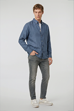 %100 Keten Regular Fit Normal Kesim Siyah Gömlek - Blue-L2510549402 (görsel 4)