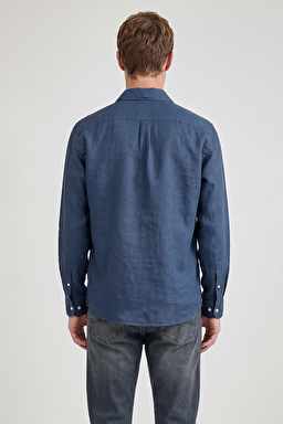 %100 Keten Regular Fit Normal Kesim Siyah Gömlek - Blue-L2510549402 (görsel 5)