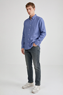 %100 Keten Nefes Alabilen Rahat Kumaş Regular Fit Normal Kesim Gömlek - Blue-L2510549402 (görsel 2)