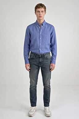 %100 Keten Nefes Alabilen Rahat Kumaş Regular Fit Normal Kesim Gömlek - Blue-L2510549402 (görsel 4)