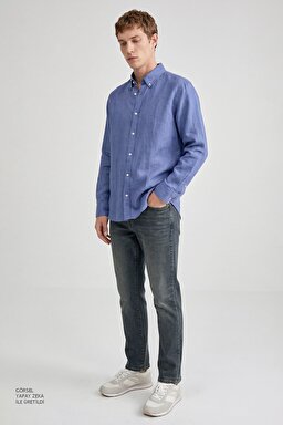 %100 Keten Nefes Alabilen Rahat Kumaş Regular Fit Normal Kesim Gömlek - Blue-L2510549402 (görsel 3)