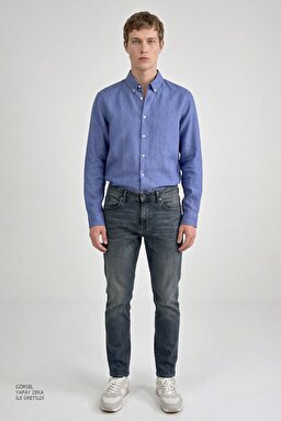 %100 Keten Nefes Alabilen Rahat Kumaş Regular Fit Normal Kesim Gömlek - Blue-L2510549402 (görsel 4)