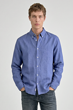 %100 Keten Regular Fit Normal Kesim Lacivert Gömlek - Navy-L2510549410