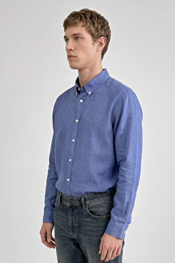 %100 Keten Regular Fit Normal Kesim Lacivert Gömlek - Navy-L2510549410 (görsel 3)