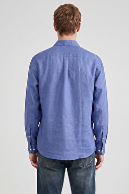 %100 Keten Regular Fit Normal Kesim Lacivert Gömlek - Navy-L2510549410 (görsel 5)