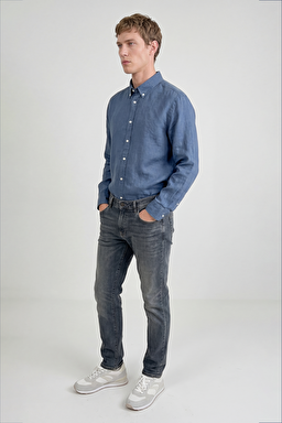 %100 Keten Regular Fit Normal Kesim Lacivert Gömlek - Navy-L2510549410 (görsel 2)