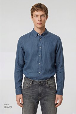 %100 Keten Regular Fit Normal Kesim Lacivert Gömlek - Navy-L2510549410 (görsel 2)