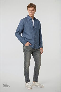 %100 Keten Regular Fit Normal Kesim Lacivert Gömlek - Navy-L2510549410 (görsel 3)
