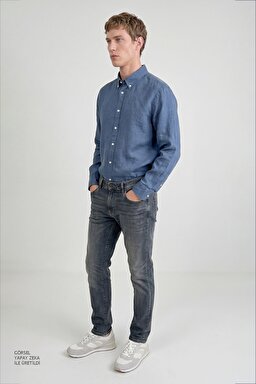 %100 Keten Regular Fit Normal Kesim Lacivert Gömlek - Navy-L2510549410 (görsel 4)