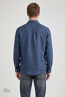 %100 Keten Regular Fit Normal Kesim Lacivert Gömlek - Navy-L2510549410 (görsel 5)