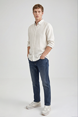 %100 Keten Regular Fit Normal Kesim Bej Gömlek - Beige-L2510549614 (görsel 2)