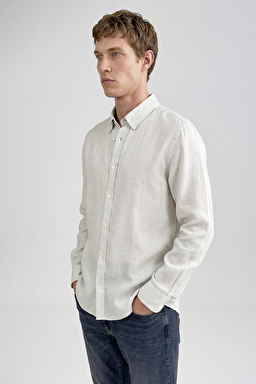%100 Keten Regular Fit Normal Kesim Bej Gömlek - Beige-L2510549614 (görsel 3)
