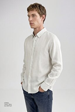 %100 Keten Regular Fit Normal Kesim Bej Gömlek - Beige-L2510549614