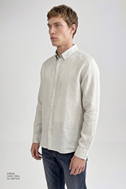 %100 Keten Regular Fit Normal Kesim Bej Gömlek - Beige-L2510549614 (görsel 2)