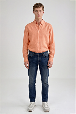 %100 Keten Regular Fit Normal Kesim Turuncu Gömlek - Orange-L2510549700 (görsel 3)