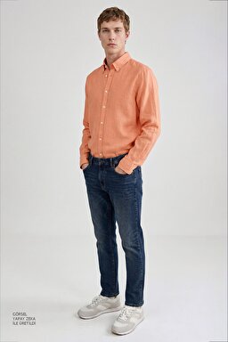 %100 Keten Regular Fit Normal Kesim Turuncu Gömlek - Orange-L2510549700 (görsel 2)