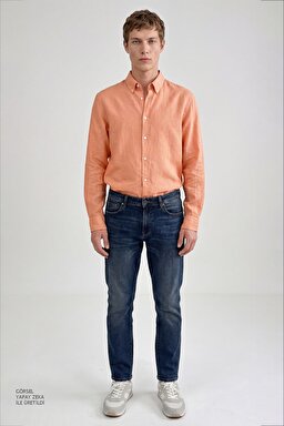 %100 Keten Regular Fit Normal Kesim Turuncu Gömlek - Orange-L2510549700 (görsel 3)