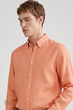 %100 Keten Regular Fit Normal Kesim Turuncu Gömlek - Orange-L2510549700 (görsel 4)