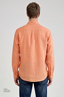 %100 Keten Regular Fit Normal Kesim Turuncu Gömlek - Orange-L2510549700 (görsel 5)
