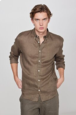 %100 Keten Regular Fit Normal Kesim Haki Gömlek - Khaki-L2510549801