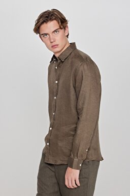 %100 Keten Regular Fit Normal Kesim Haki Gömlek - Khaki-L2510549801 (görsel 2)