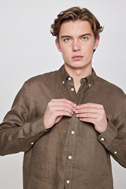 %100 Keten Regular Fit Normal Kesim Haki Gömlek - Khaki-L2510549801 (görsel 4)