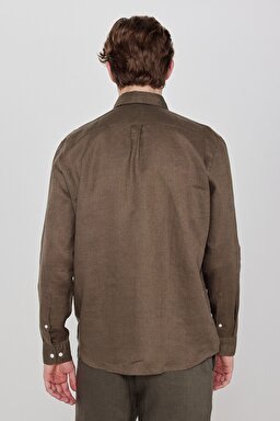 %100 Keten Regular Fit Normal Kesim Haki Gömlek - Khaki-L2510549801 (görsel 5)
