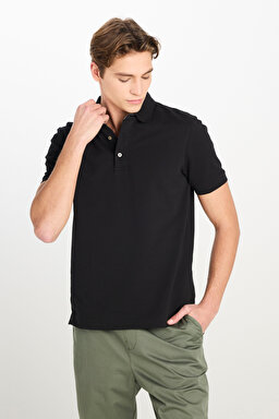 Regular Fit Normal Kesim Siyah Pamuklu Polo Yaka Tişört - Black-L2510551001 (görsel 2)