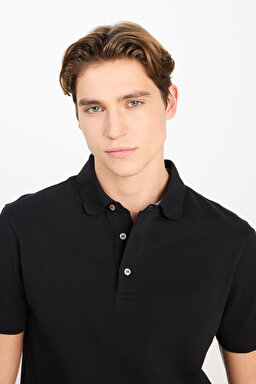 Regular Fit Normal Kesim Siyah Pamuklu Polo Yaka Tişört - Black-L2510551001 (görsel 4)
