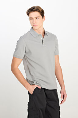 Regular Fit Normal Kesim Pamuklu Gri Polo Yaka Tişört - Gray-L2510551035 (görsel 2)