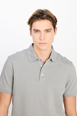 Regular Fit Normal Kesim Pamuklu Gri Polo Yaka Tişört - Gray-L2510551035 (görsel 4)