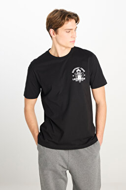 %100 Pamuk Regular Fit Normal Kesim Bisiklet Yaka Baskılı Siyah Tişört - Black-L2510554001 (görsel 2)