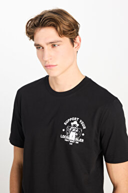 %100 Pamuk Regular Fit Normal Kesim Bisiklet Yaka Baskılı Siyah Tişört - Black-L2510554001 (görsel 4)
