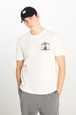 %100 Pamuk Regular Fit Normal Kesim Bisiklet Yaka Baskılı Ekru Tişört - Off White-L2510554102