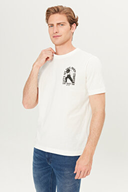 %100 Pamuk Regular Fit Normal Kesim Bisiklet Yaka Baskılı Ekru Tişört - Off White-L2510555102 (görsel 2)