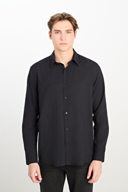 %100 Pamuk Regular Fit Normal Kesim Uzun Kollu Siyah Gömlek - Black-L2510557001 (görsel 2)