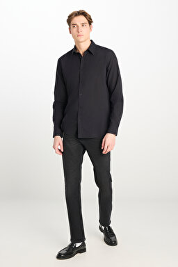 %100 Pamuk Regular Fit Normal Kesim Uzun Kollu Siyah Gömlek - Black-L2510557001 (görsel 3)