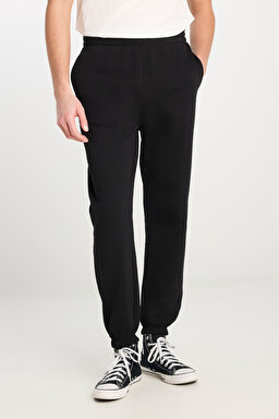 %100 Pamuk Regular Fit Normal Kesim Ribanalı Paça Siyah Jogger Pantolon - Black-L2510567001 (görsel 4)
