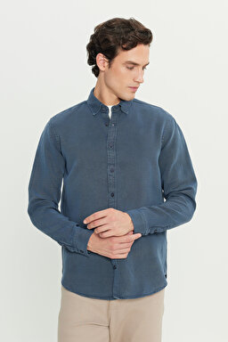 Regular Fit Normal Kesim Keten Pamuk Karışımlı Lacivert Gömlek - Navy-L2510570410 (görsel 2)