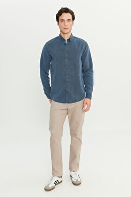Regular Fit Normal Kesim Keten Pamuk Karışımlı Lacivert Gömlek - Navy-L2510570410 (görsel 3)