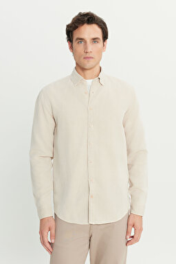 Regular Fit Normal Kesim Keten Pamuk Karışımlı Bej Gömlek - Beige-L2510570614