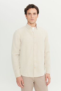 Regular Fit Normal Kesim Keten Pamuk Karışımlı Bej Gömlek - Beige-L2510570614 (görsel 2)