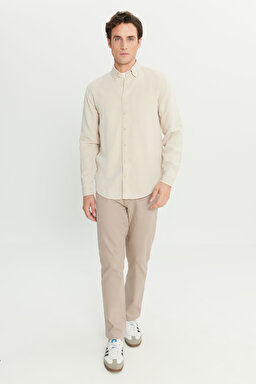 Regular Fit Normal Kesim Keten Pamuk Karışımlı Bej Gömlek - Beige-L2510570614 (görsel 3)