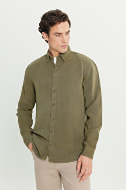 Regular Fit Normal Kesim Keten Pamuk Karışımlı Haki Gömlek - Khaki-L2510570801