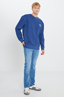 Pamuklu İçi Polarlı Regular Fit Normal Kesim Bisiklet Yaka Baskılı Sweatshirt - Night Blue-L2520091422