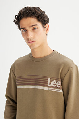 Regular Fit Normal Kesim Bisiklet Yaka Baskılı Haki Sweatshirt - Khaki-L2520099801 (görsel 4)