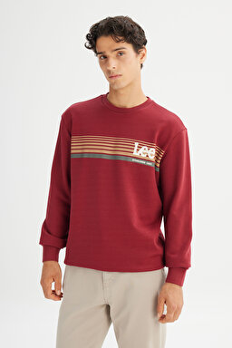 Regular Fit Normal Kesim Bisiklet Yaka Baskılı Bordo Sweatshirt - Wine-L2520099810 (görsel 3)