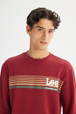 Regular Fit Normal Kesim Bisiklet Yaka Baskılı Bordo Sweatshirt - Wine-L2520099810 (görsel 4)
