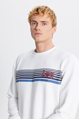 Regular Fit Normal Kesim Bisiklet Yaka Baskılı Kırık Beyaz Sweatshirt - Off White-L2520099MK (görsel 4)