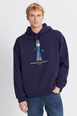 Pamuklu İçi Polarlı Regular Fit Kapüşonlu Logo Detaylı Sweatshirt - DarKNavy-L2520102411 (görsel 3)